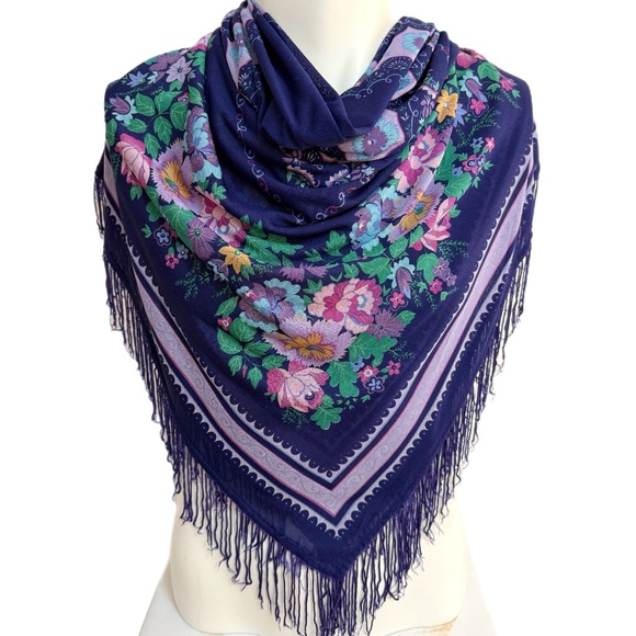 Vintage Saks Fifth Avenue Floral Scarf | Dark Purple Square with Fringe - Picture 1 of 10